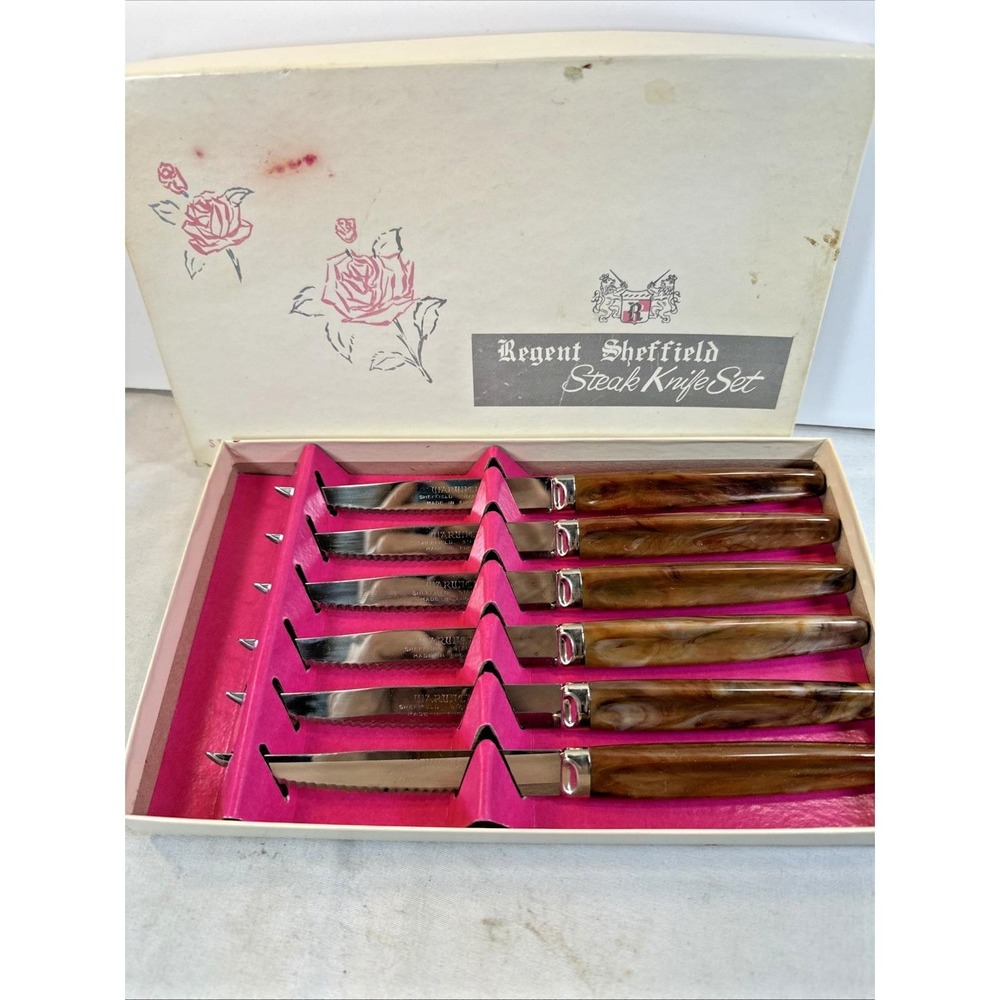 Vtg Regent Sheffield Set of 6 Steak Knives Marbleized Bakelite/Melamine NIB